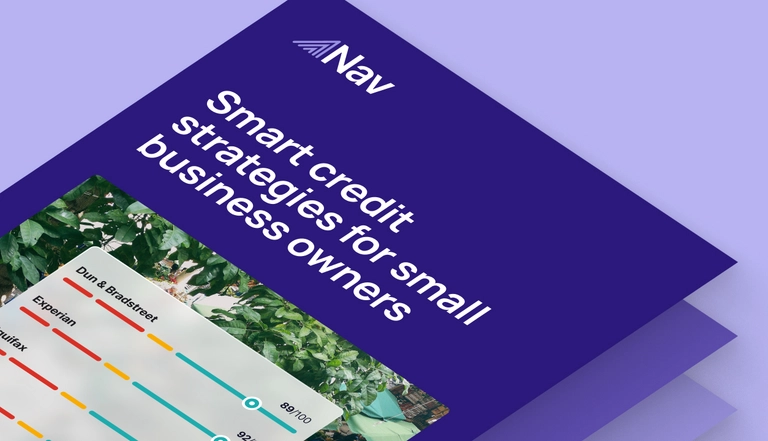 Nav guide cover titled “Smart credit strategies for small business owners” featuring credit score comparison graphics on a purple background.